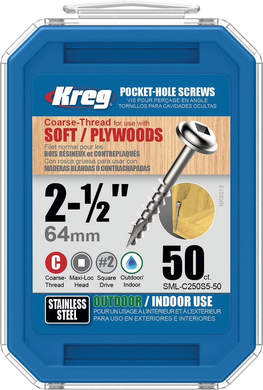 Kreg 305 Stainless-Steel Pocket-Hole Screws, 2-1/2" #10 Coarse-Thread, Washer-Head (50 Count) SML-C250S5-50 $5.97