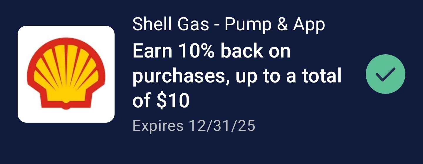 YMMV Amex offer - Shell Gas - Pump & App Earn 10% back on purchases, up to a total of $10 $90