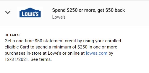 Selected American Express Cardholders: Spend $250 total (can be more than one purchase)  at Lowes by 12/31/21, get $50 back