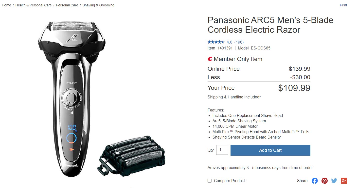 Panasonic Arc-5 Shaver *with* additional replacement shaving head $109.99 at Costco