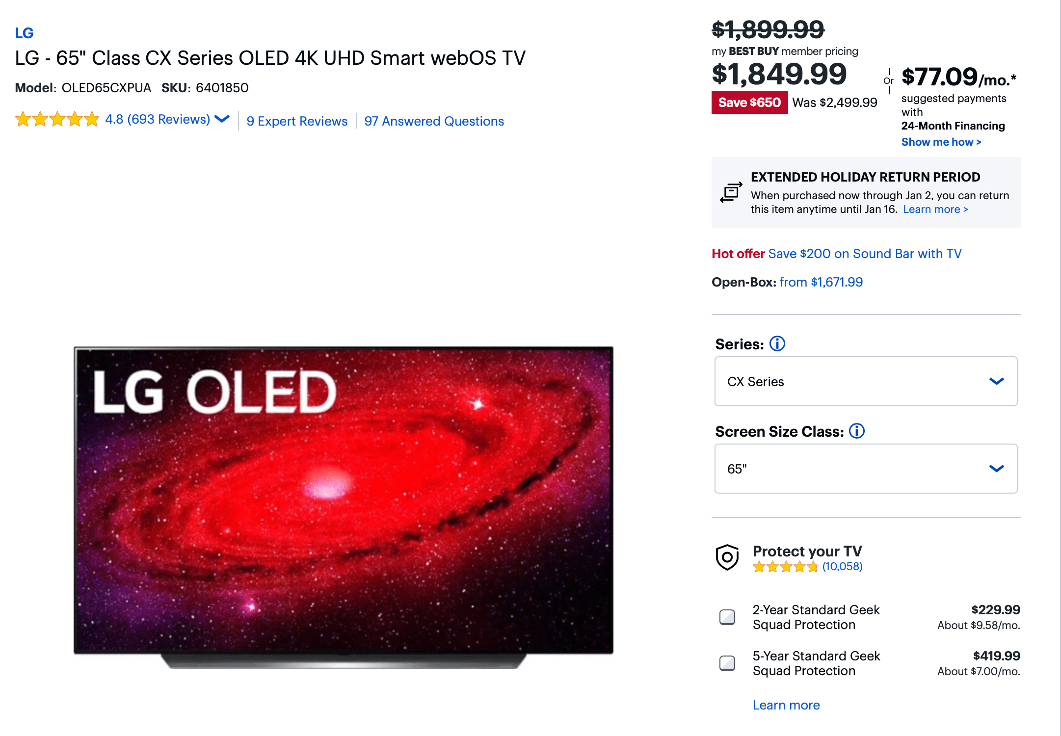 LG CX 55" $1399 ($1349 if you sign in as a member) on BestBuy