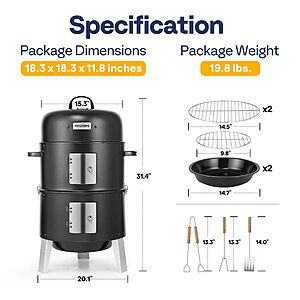 VIVOHOME 3-in-1 Vertical Charcoal Smoker, BBQ Smoker Grill with Built-in Thermometer - $89.99 at Vivohome via Amazon