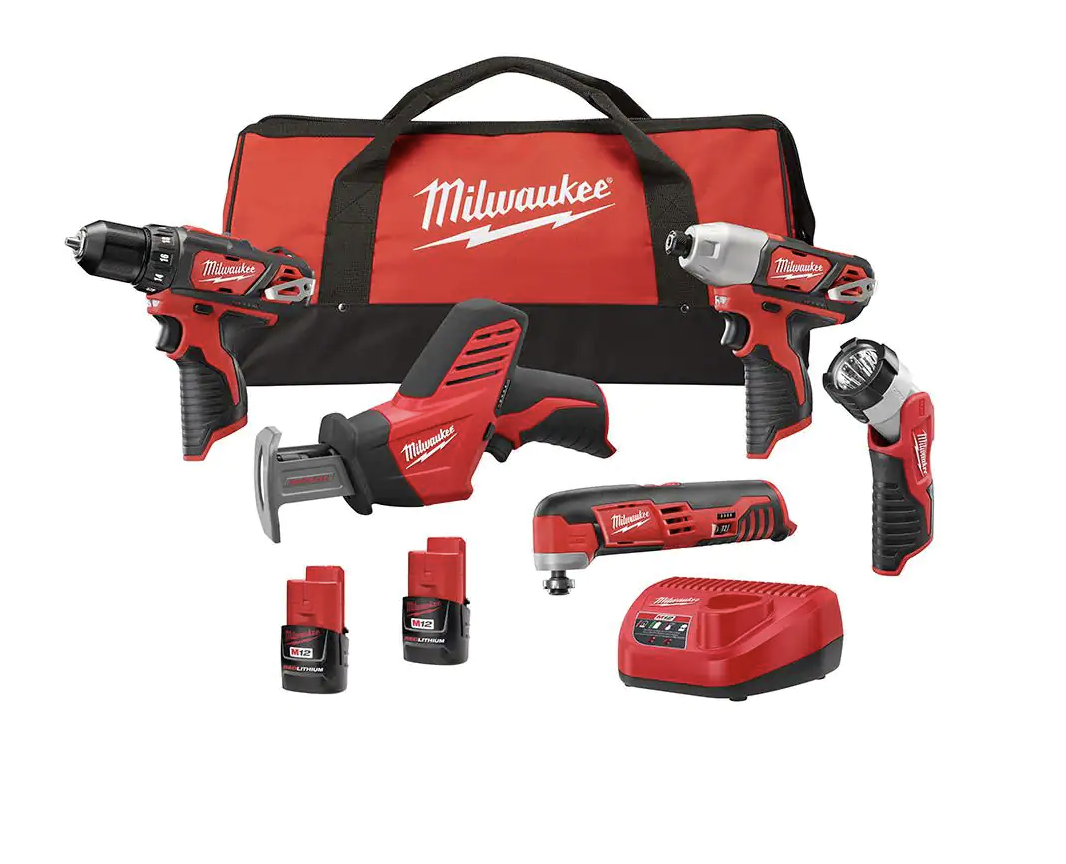 Milwaukee M12 12V Lithium-Ion Cordless Combo Kit (5-Tool) with Two 1.5 Ah Batteries, Charger and Tool Bag 2499-25 - $199