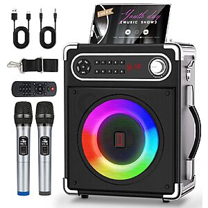 Karaoke Machine, Portable Bluetooth Speaker w/ 2 Wireless Microphones $54