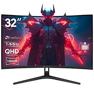 CRUA 32" Curved Gaming Monitor, 144Hz QHD VA, 1800R, FreeSync, 99 sRGB, Low Blue Light, HDMI/DisplayPort, Wall Mountable $178.99