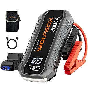 Prime:WOLFBOX 2000A Jump Starter,12000mAh Battery Jumper Starter Portable with LED Display,12V Car Battery Jump Starter Pack $29.03