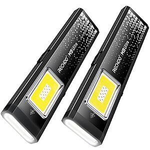 Prime: 2-Pack RECHOO Flat EDC Flashlight Rechargeable, 8-Mode Slim Pocket Flashlight with Magnetic Base & Clip $11.99