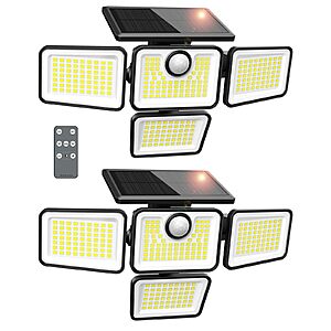 (2 Pack) 6000LM 4 Heads Motion Sensor Solar Lights, 3 Mode, IP65 Waterproof, Remote Control $17.99