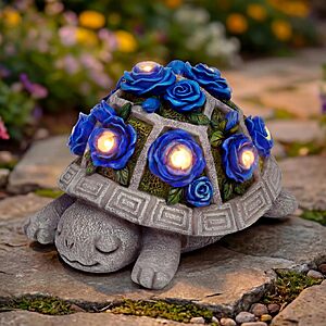 Prime: Solar Garden Outdoor Decor Turtle Statue w/ Dark Blue Roses & 7 LED Lights $11 + Free S&H