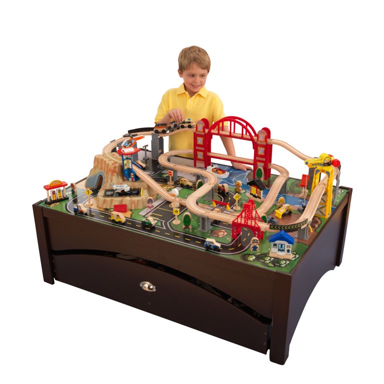 KidKraft Metropolis Wooden Train Set & Table with 100 Pieces and Storage Drawer (Espresso) $149.39
