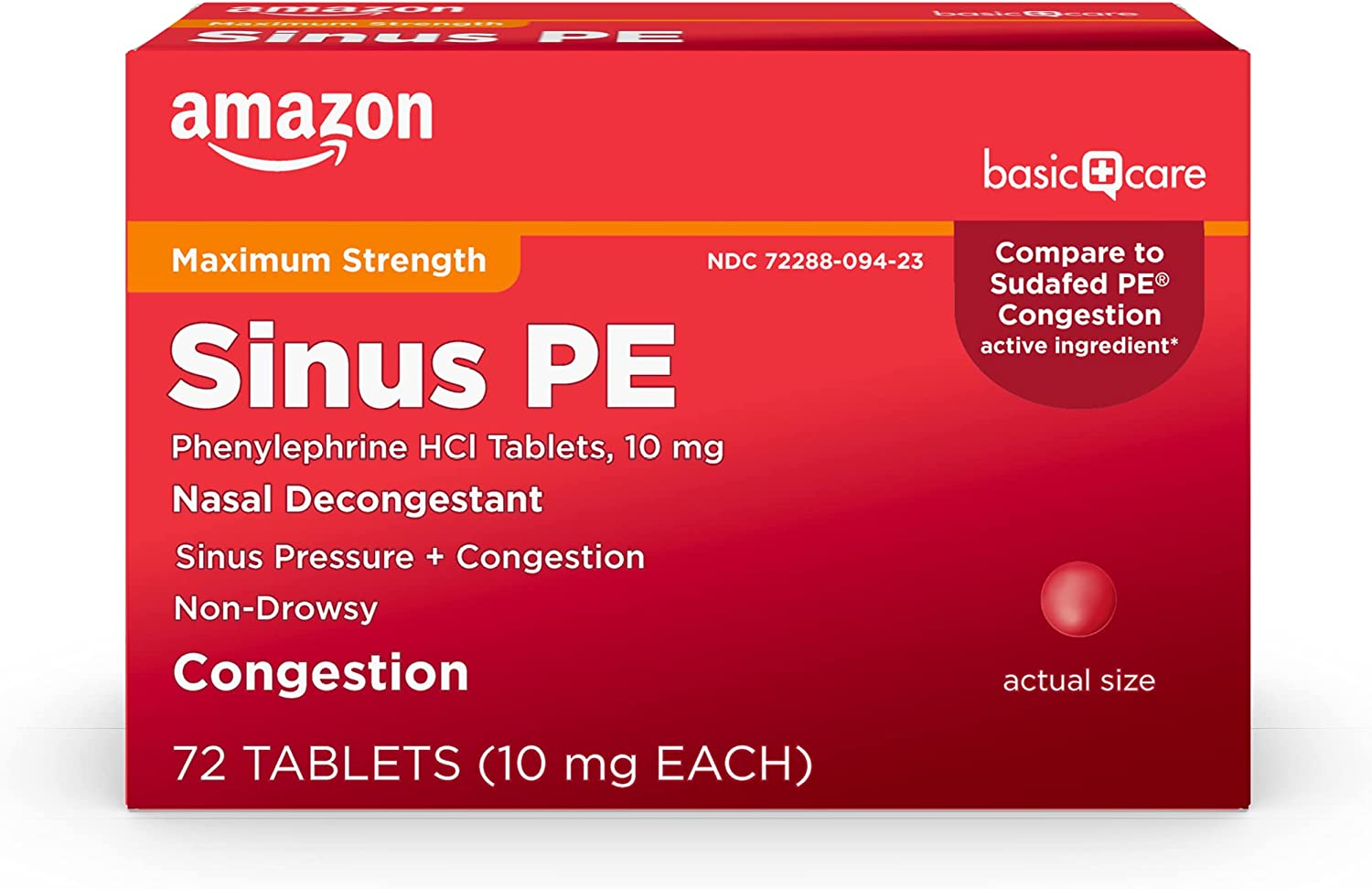 72 Ct Amazon Basic Care Maximum Strength Nasal Decongestant PE - Phenylephrine HCl (10 mg Tablets) $5.60