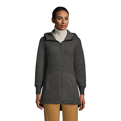 Lands' End Women's Cozy Boucle Fleece Coat with Hood (Charcoal or