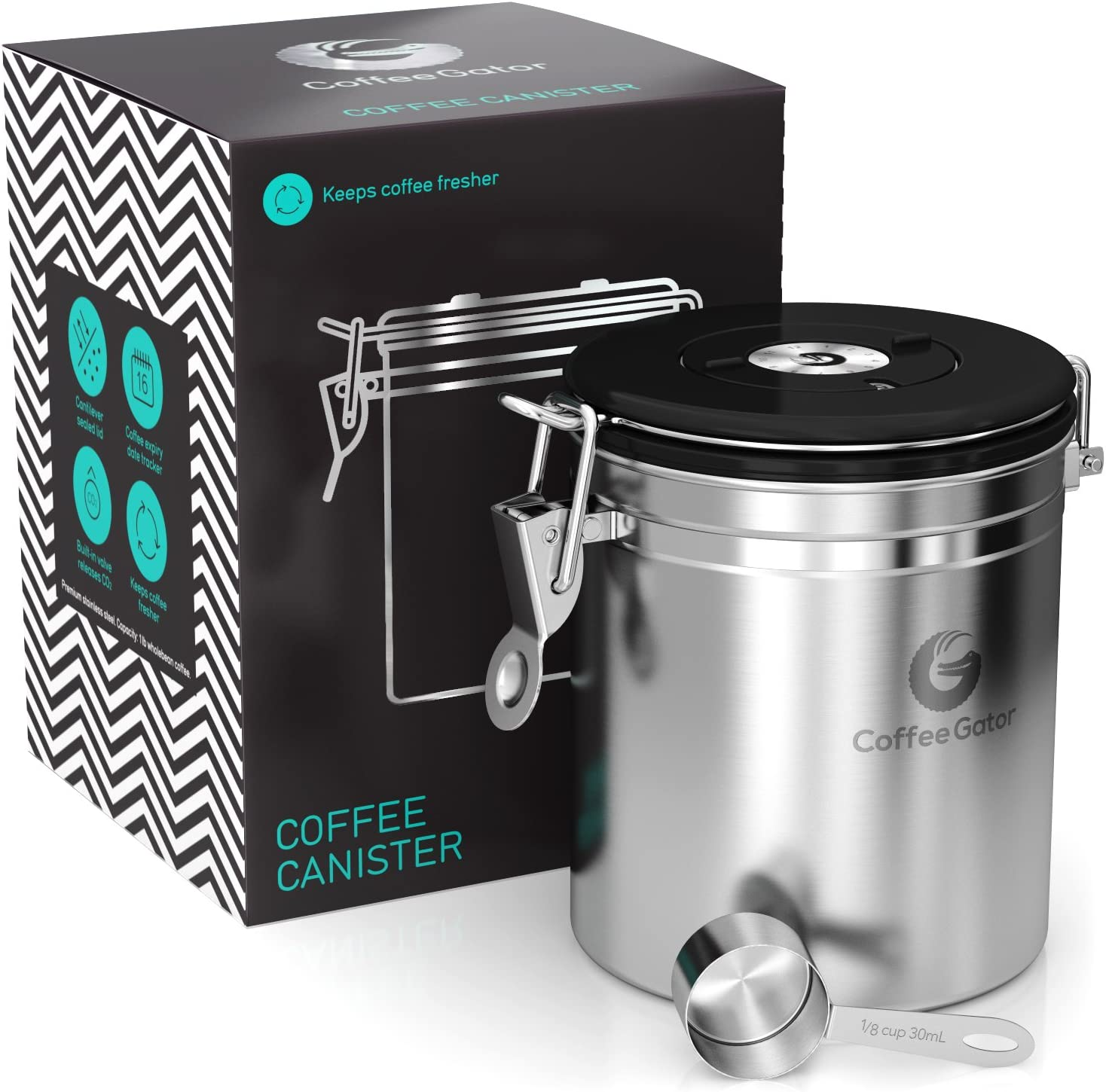 16 Oz Coffee Gator Stainless Steel Coffee Grounds and Beans Container Canister with Date-Tracker, CO2-Release Valve and Measuring Scoop $13.44