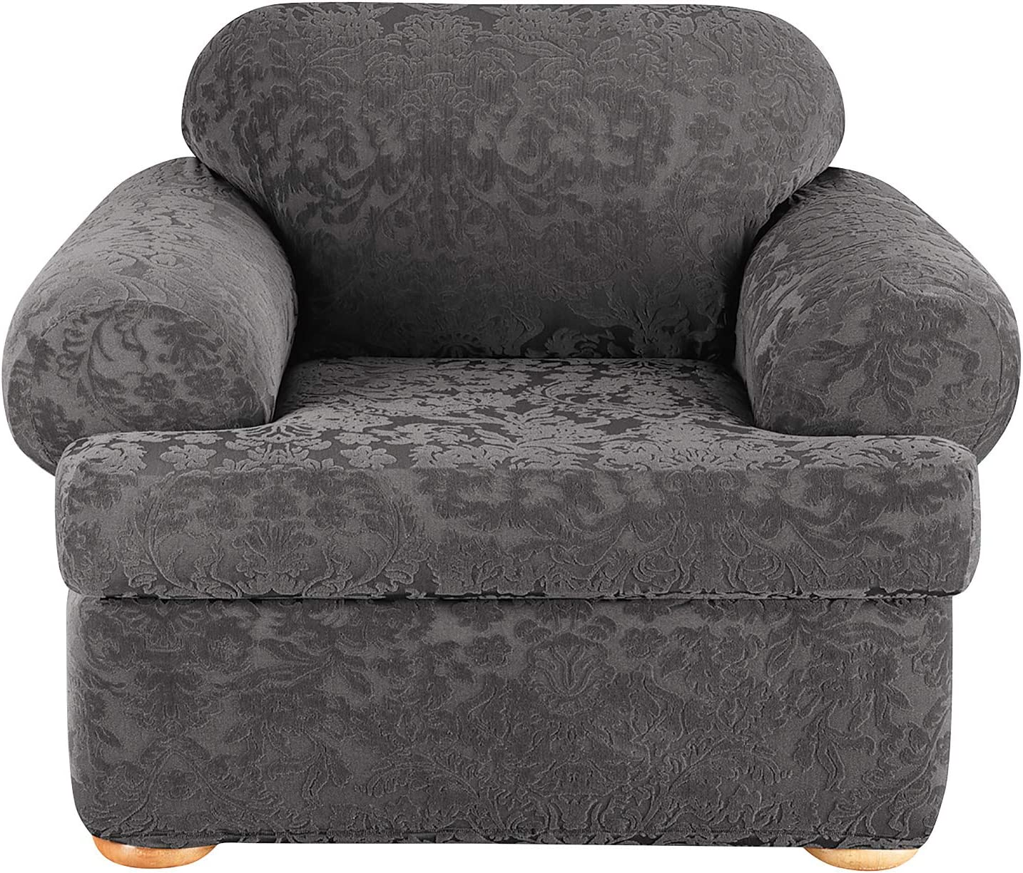 SureFit Home Décor Stretch Jacquard Damask T-Cushion Chair Two Piece Slipcover (Gray) $42.49
