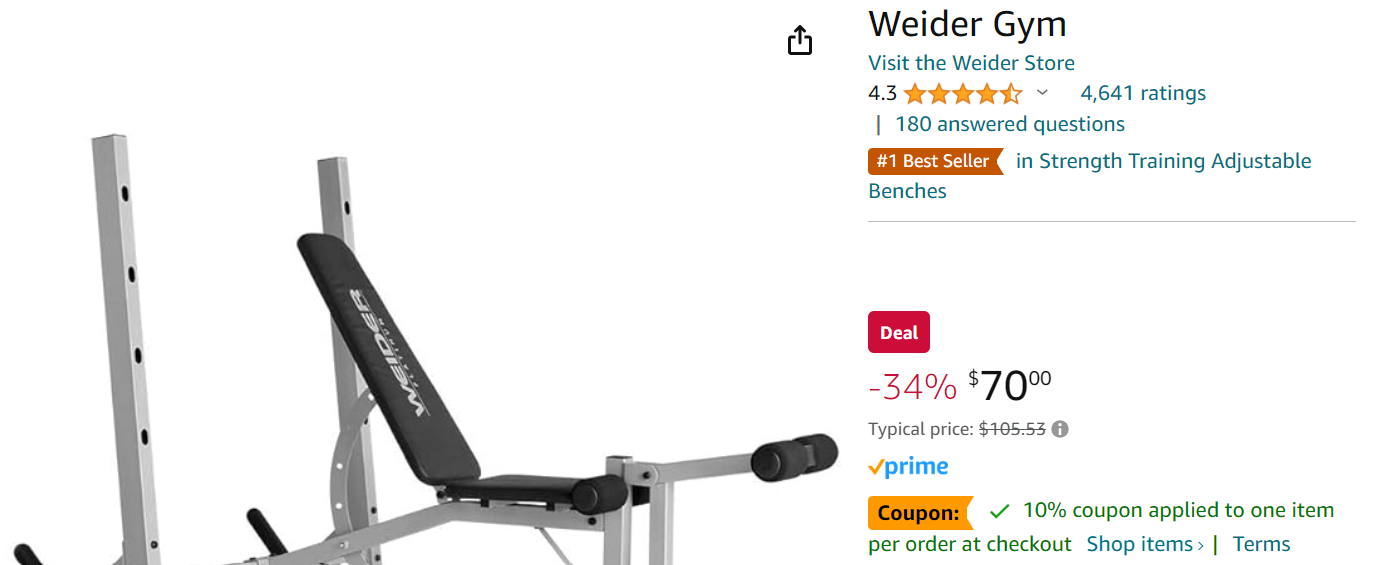 Weider Platinum Olympic Weight Bench and Rack with Adjustable Spotting Arms and Integrated Leg Developer $73