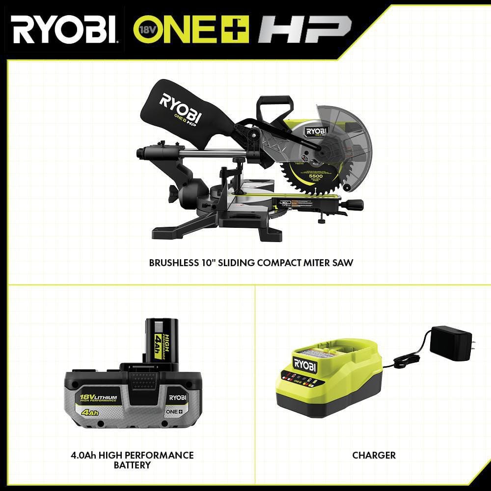 Site line resultat uendelig RYOBI ONE+ HP 18V Brushless Cordless 10 in. Sliding Compound Miter Saw Kit  with 4.0 Ah HIGH PERFORMANCE Battery and Charger PBLMS01K - $161.52 w/hack,  $269 at Home Depot