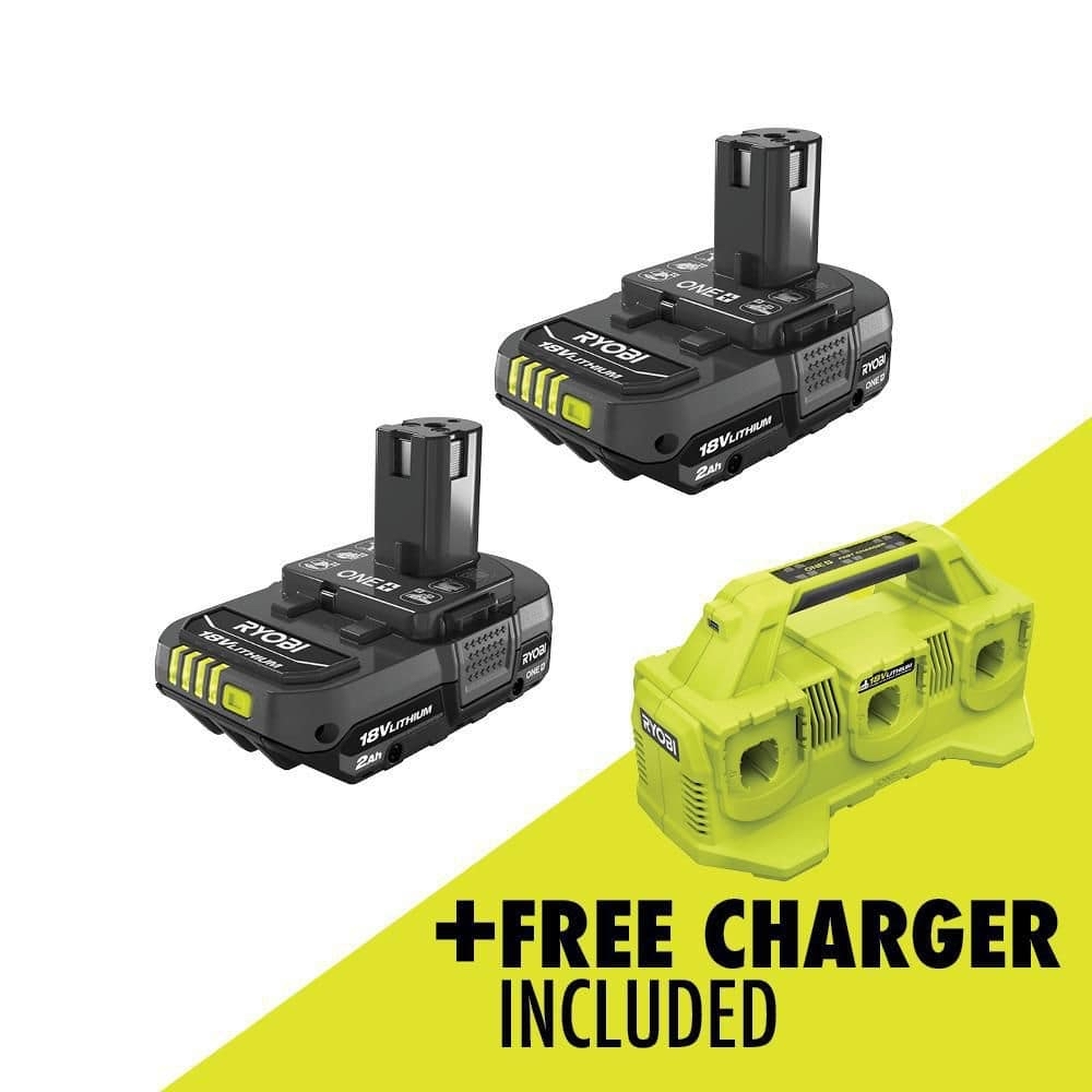 RYOBI ONE+ 18V Lithium-Ion 2.0 Ah Compact Battery (2-Pack) with 6-Port Charger PBP2006-PCG006 - $57.10