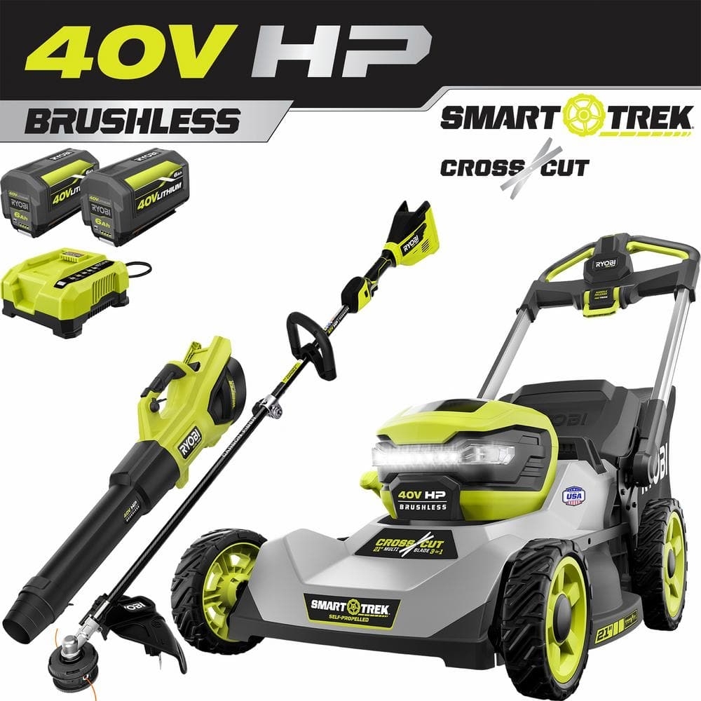 RYOBI 40V HP Brushless 21 " Cordless Battery Walk Behind Dual-Blade Self-Propelled Mower, Trimmer, Blower, Batteries, Chargers - $778