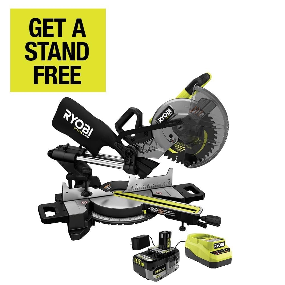RYOBI ONE+ HP 18V Brushless Cordless 10 in. Sliding Compound Miter Saw Kit with 4.0 Ah HIGH PERFORMANCE Battery and Charger PBLMS01K - $187.03