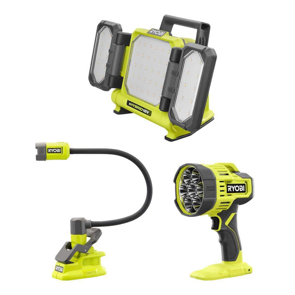 RYOBI ONE+ 18V 3-Tool Lighting Kit with Hybrid Panel Light, Spotlight and Flexible Clamp Light (Tools Only) PCL1308B - $99