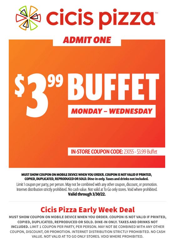 Cici's Pizza Buffet Digital Coupon (Monday-Wednesday)