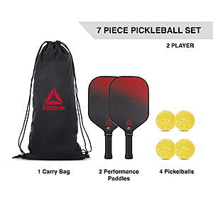 Reebok 7 Piece Pickleball Equipment Set, 2 Players, 2 Fiberglass Paddles, 4 Pickle Balls, Carry Bag, 1 Count