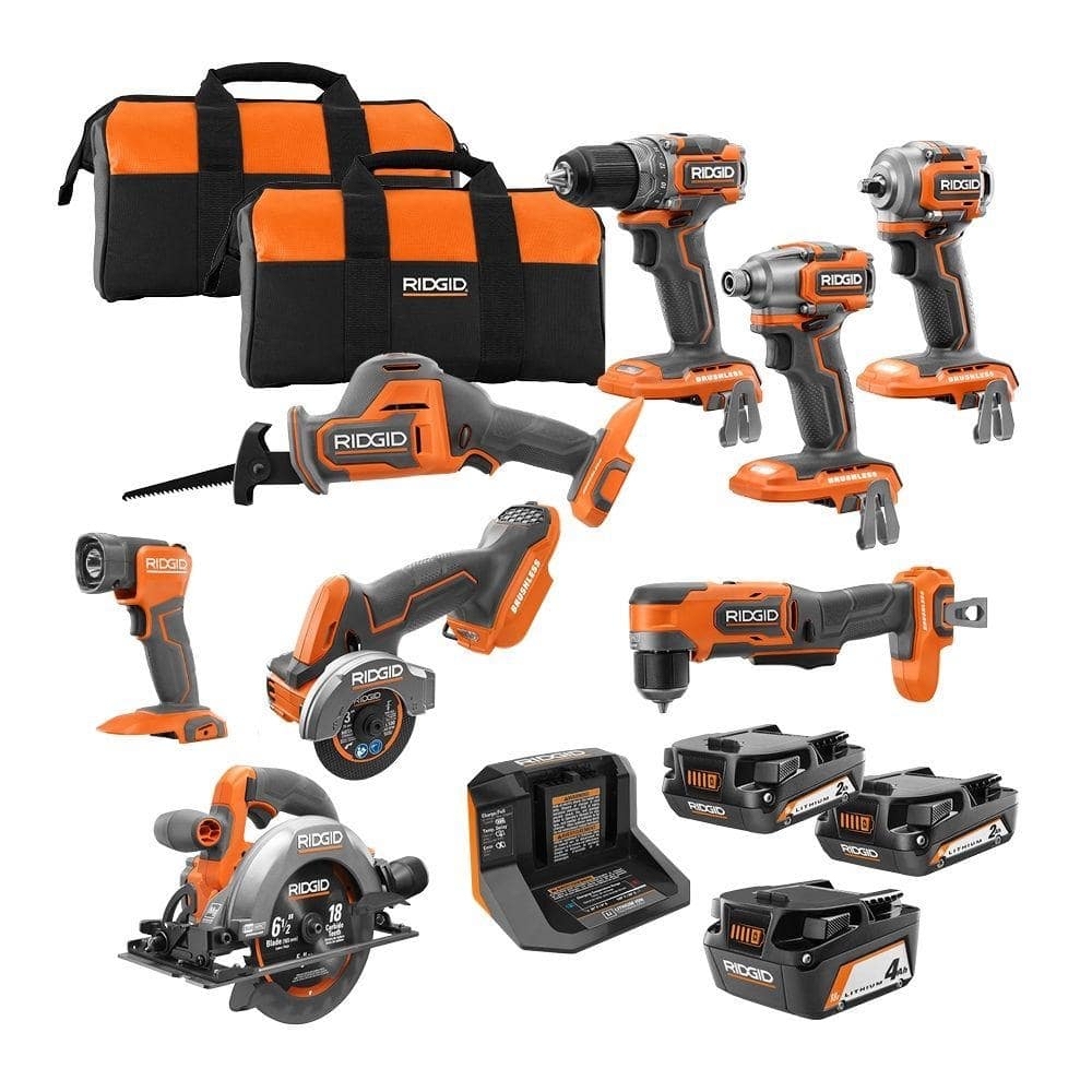 RIDGID 18V SubCompact Brushless Cordless 8-Tool Combo Kit with (2) 2.0 Ah Batteries, 4.0 Ah Battery, Charger, and Bag R96262N - $549