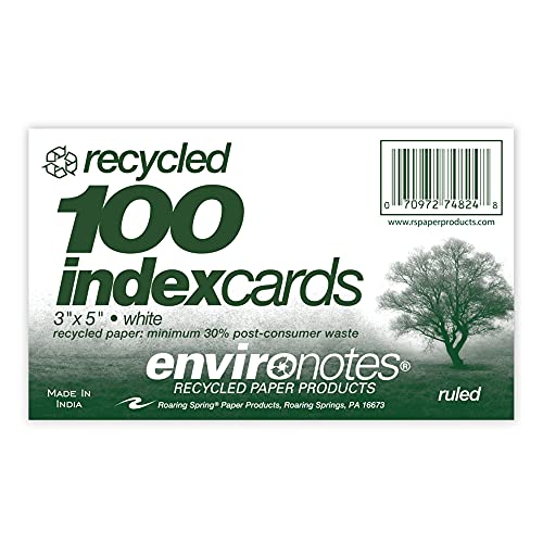 Roaring Spring Recycled Index Cards 3"x5", 100 Count, Smooth 100# White Recycled Index Paper, Ruled on Front, Blank on Back $1.17
