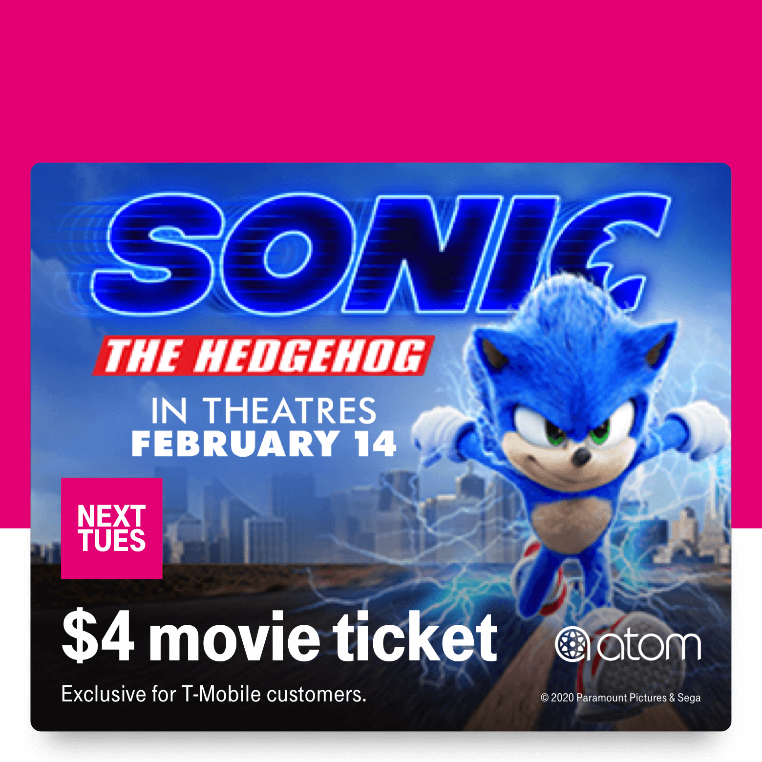 T-Mobile Customers 02/11: $4 Sonic The Hedgehog movie ticket, Free T-mobile Tumbler, Soothe $40 massage credit