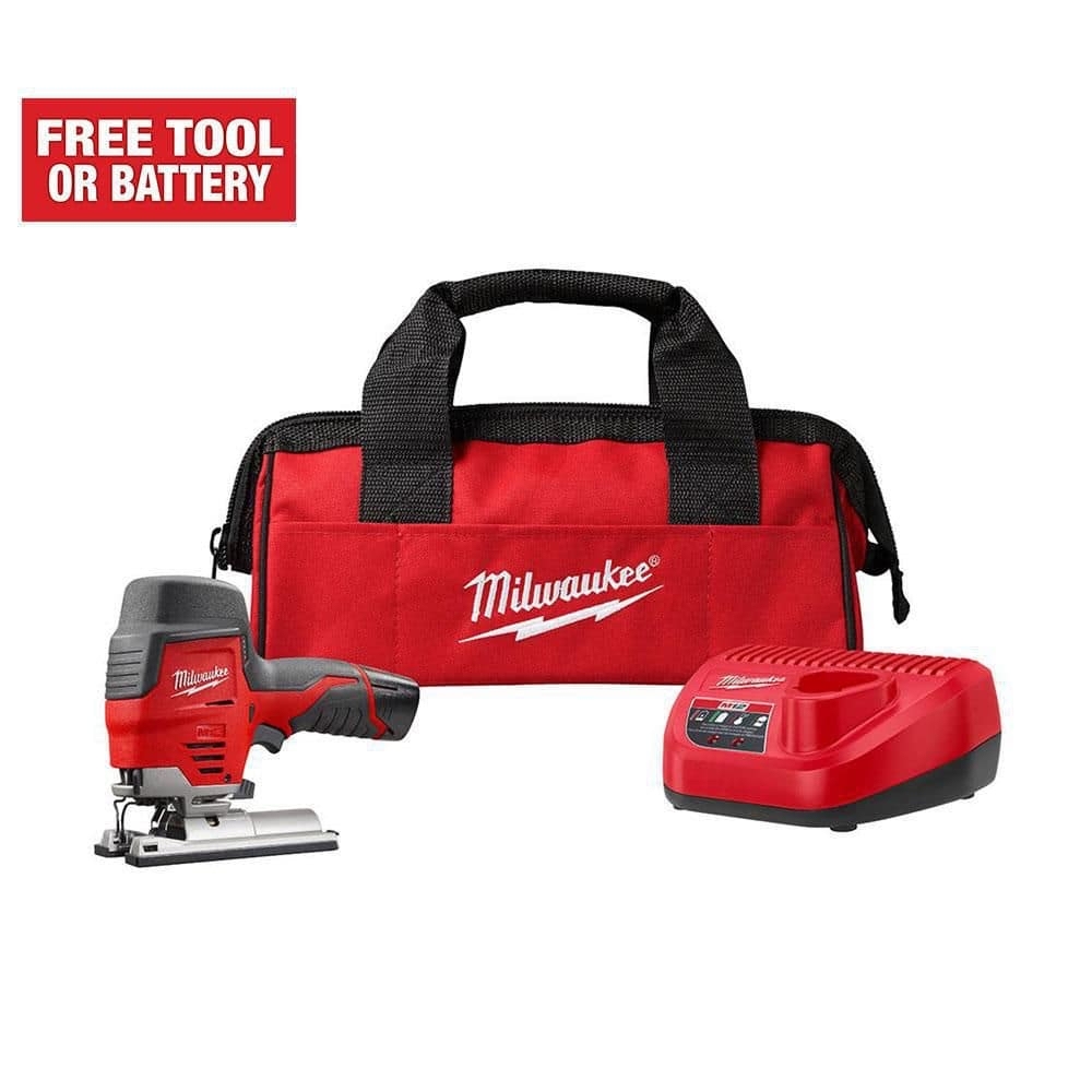 Milwaukee M12 12V Lithium-Ion Cordless Jig Saw Kit with One 1.5 Ah Battery, Charger, Tool Bag 2445-21 Plus a free tool or 6Ah battery- $119