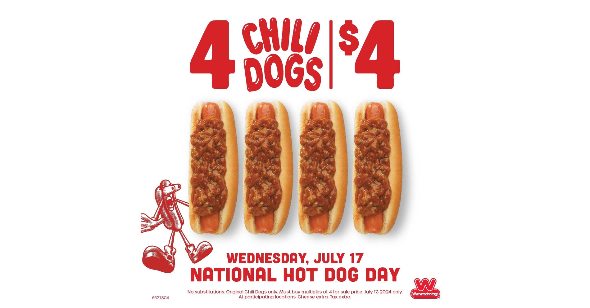 Wienerschnitzel Celebrates National Hot Dog Day on July 17th with 4 Chili Dogs for 4