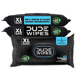 Prime Members: 3-pk 48-ct Dude Wipes Flushable Wipes (Unscented w/ Vitamin E & Aloe) $8.10 w/ S&S + Free S&H