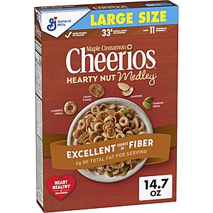 Large Size: Cheerios Hearty Nut Medley Cereal Box, Maple Cinnamon Flavored, Packed with Whole Grain For $  2.99