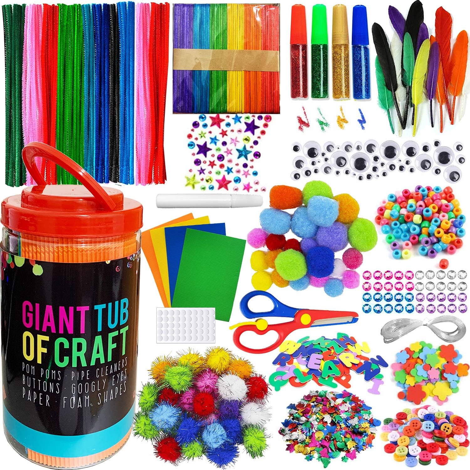 MOISO Kids Crafts and Art Supplies Jar Kit - 550+ Piece Set - Plus Glitter Glue, Construction Paper, Colored Popsicle Sticks, Eyes, Pipe Cleaners $26.93