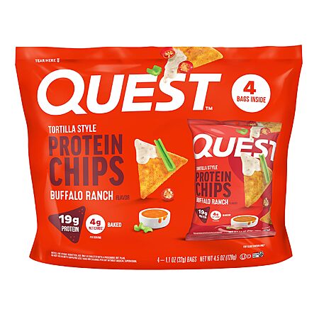 Quest Nutrition Tortilla Style Protein Chips, Buffalo Ranch, 19g of Protein, 4g Net Carbs, Gluten Free Protein Snack, 1.1 Ounce, 4 count $6.5