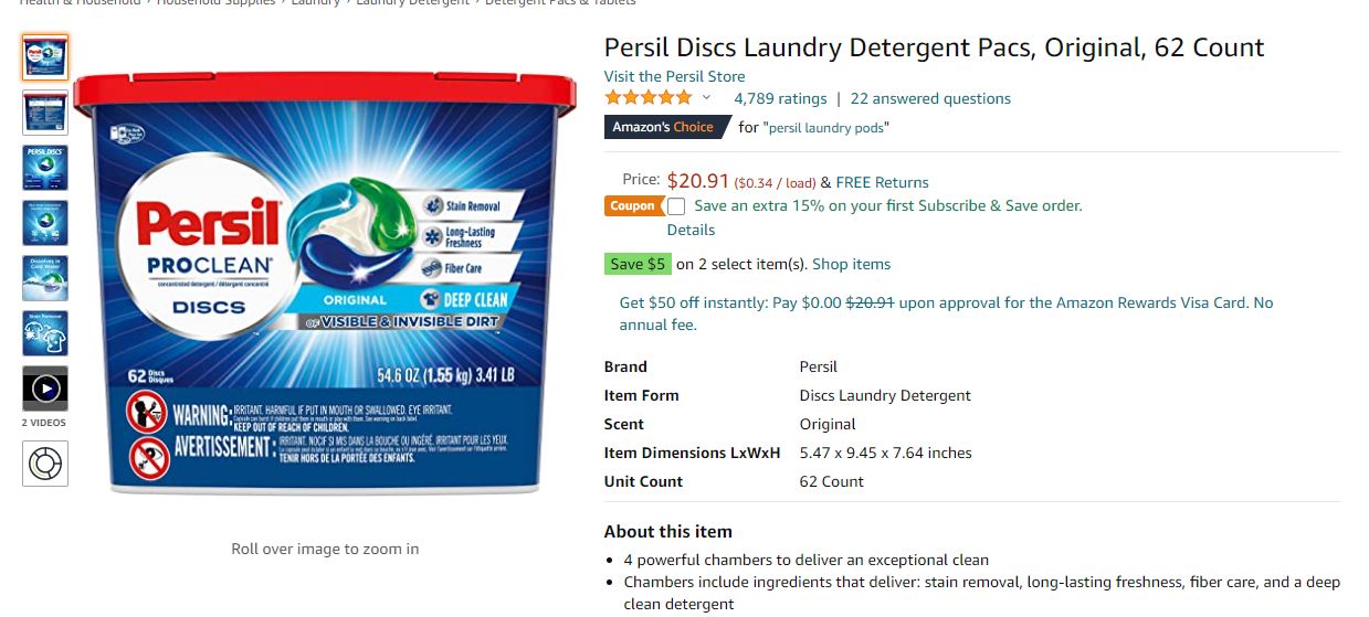 Persil Discs Laundry Deal Stacking | 15% coupon + Buy 2 Save $5 $15.27