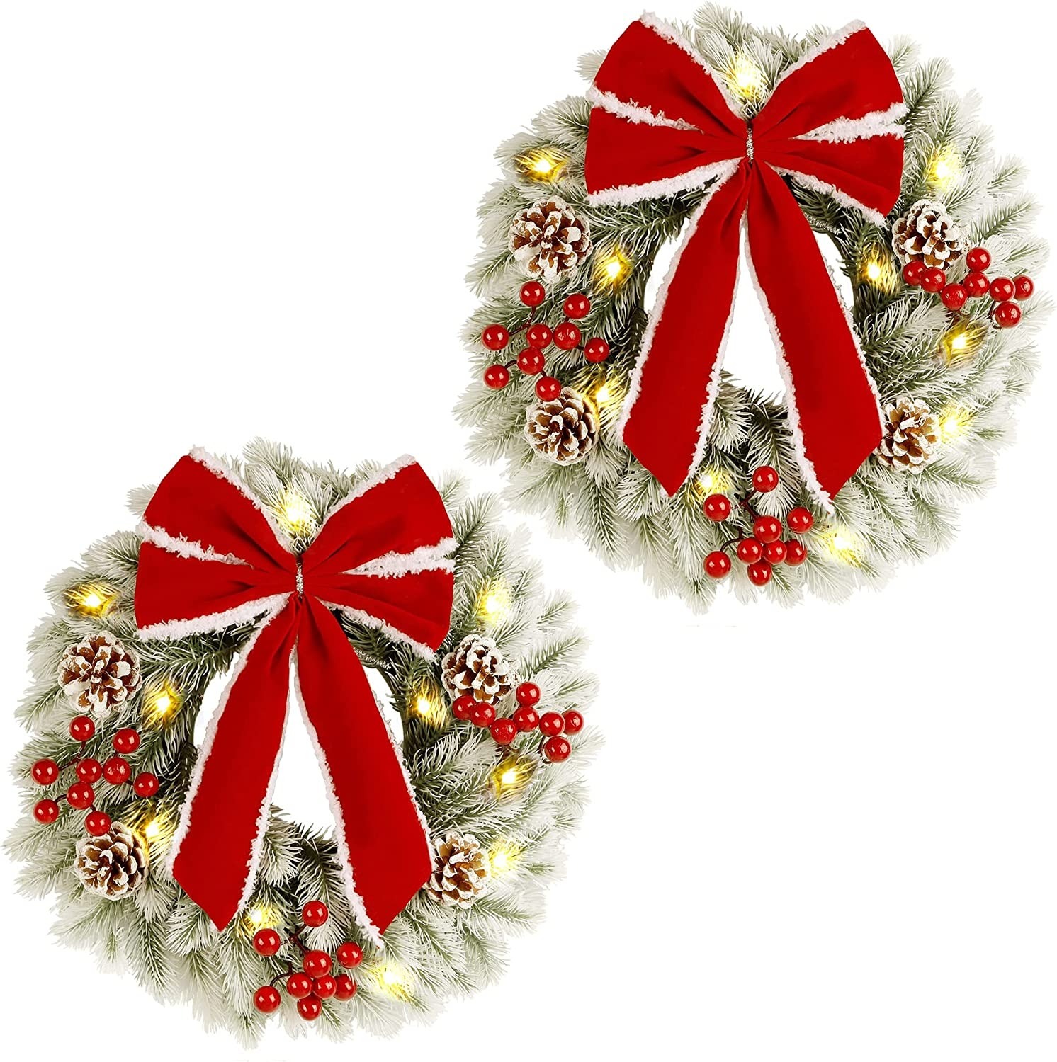 2 Pack 13" Prelit Christmas Wreath w/ Large Red Bow 22 + Free