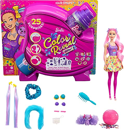 Barbie Color Reveal Glitter! Hair Swaps Doll, Glittery Pink w/ 25 Surprises $17 + Free Shipping w/ Prime or $25+