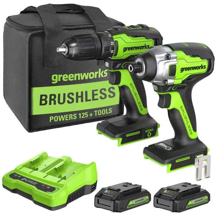 24V Brushless Drill & Impact Driver w/ (2) 2.0 Ah USB Batteries & Dual