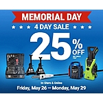 Harbor Freight 4-Day Memorial Day Sale: Any Single Item Coupon 25% Off (Exclusions Apply; Valid thru 5/29)