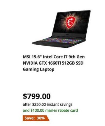 deal newegg hdd 8gb 1660ti rebate nvidia intel msi i7 gtx 9th ram gaming gen laptop win friday