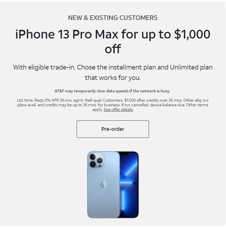 AT&T Corporate iPhone 13 Pro & 13 Pro Max are eligible for up to $1000 off