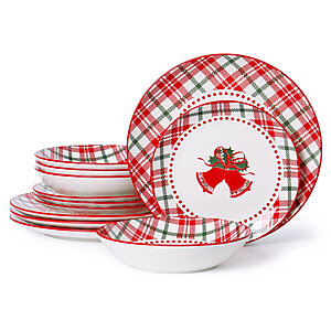 ALOFMO 12 Piece Christmas Red Dinnerware Set with Color Box,Bowl and Plate Set for 4 $29.99