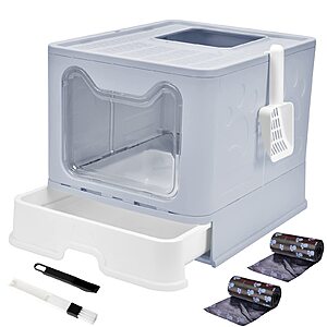 Top Entry Cat Litter Box With Lid - Enclosed Anti-Splashing Potty,Foldable Large Covered Toilet Pan,Cat Supplies With Scoop,Brush and Garbage Bag $37.58