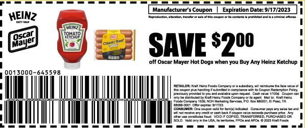 Save $2.00 off Oscar Mayer Hot Dogs When You Buy Any Heinz Ketchup (Print Coupon)