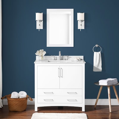 Bellezzo 36-in White Undermount Single Sink Bathroom Vanity with White Engineered Stone Top (Mirror Included)