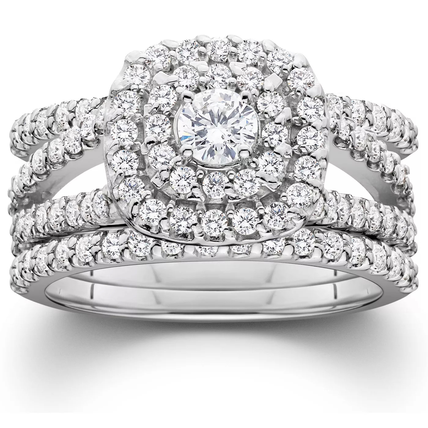 Pompeii3 1 1/4ct Diamond Engagement Cushion Halo Wedding Ring Trio Set 10K White Gold $899.99