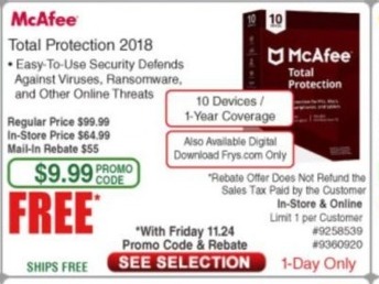 Frys Black Friday Mcafee Total Protection 10 Devices 1yr For Free After 55 00
