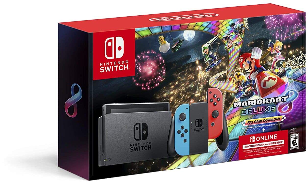 Nintendo Switch w/ Neon Blue & Neon Red Joy-Con + Mario Kart 8 Deluxe (Full Game Download) + 3 Month Nintendo Switch Online Individual Membership $300