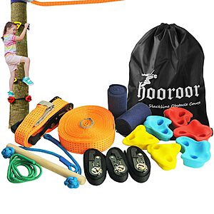 hooroor Slackline Pulley with 52FT Zipline, Tree Climbing Holds, Monkey Bar $  34.99